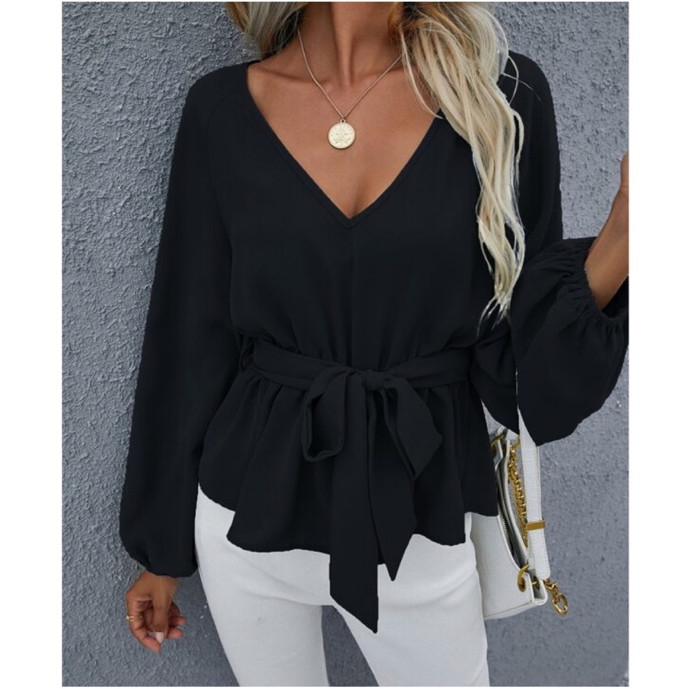 Solid v neck Long Sleeve Peplum Blouse - Picture 3 of 5
